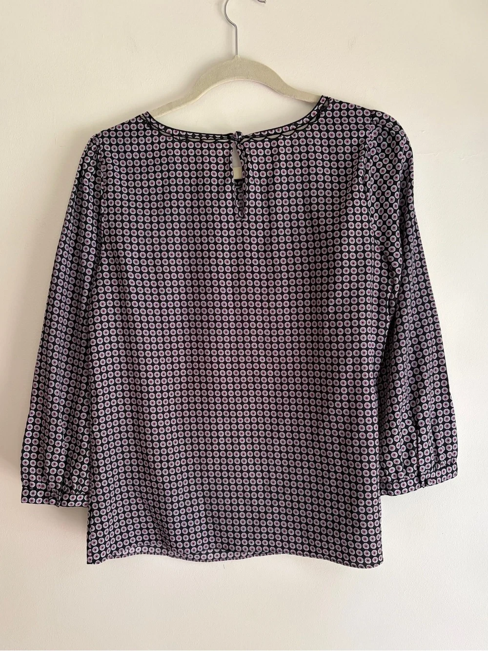 J. Crew Black and Purple Print 3/4 Sleeve Blouse Size S